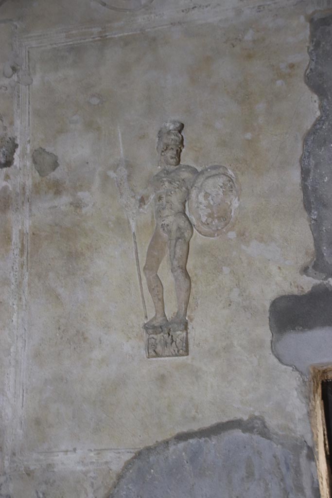Herculaneum Suburban Baths. October 2025.
Tepidarium, detail of stucco warrior from west side of north wall. Photo courtesy of Klaus Heese.